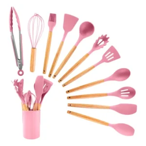 Juego de 12 utensilios de cocina con mango de madera de silicona, color rosa