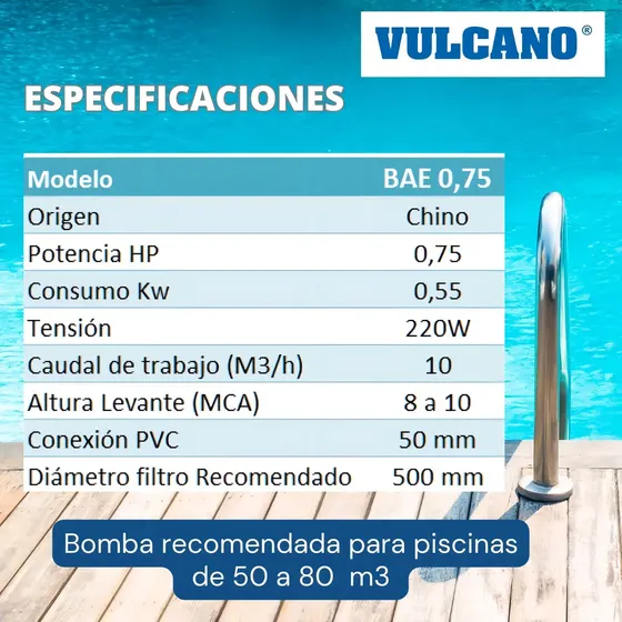 Bomba para Piscina Vulcano Premium BAE 075 3/4 HP