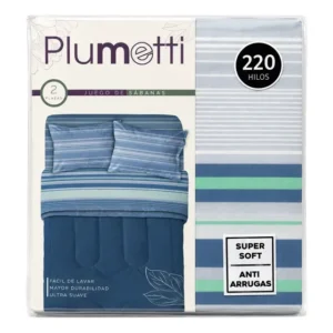 Juego De Sábanas Plumetti Azul Lineas Super Soft 220 Hilos