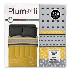 Juego De Sábanas Plumetti 1.5 Plazas 220 Hilos Gris Mostaza