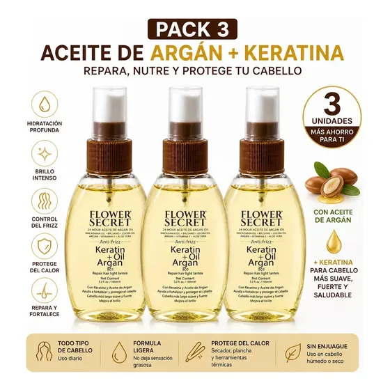 Pack 3 Aceite Argán + Keratina Cabello Anti Frizz 118ml