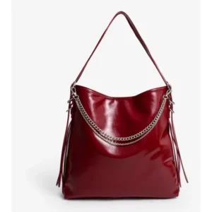 Cartera Saca Isadora Con Detalle De Cadenas, Brillante Roja Rojo Brillante