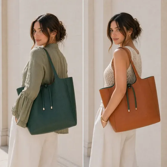 Cartera Shopper Reversible Verde Y Cafe Isadora