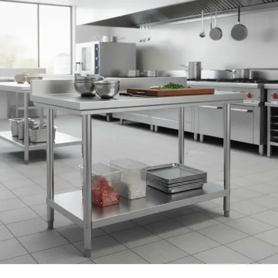 Mesón Mesa Acero Inoxidable 120x60cm Con Respaldo/ Ms