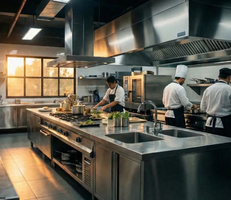 Cocina industrial equipada con acero inoxidable